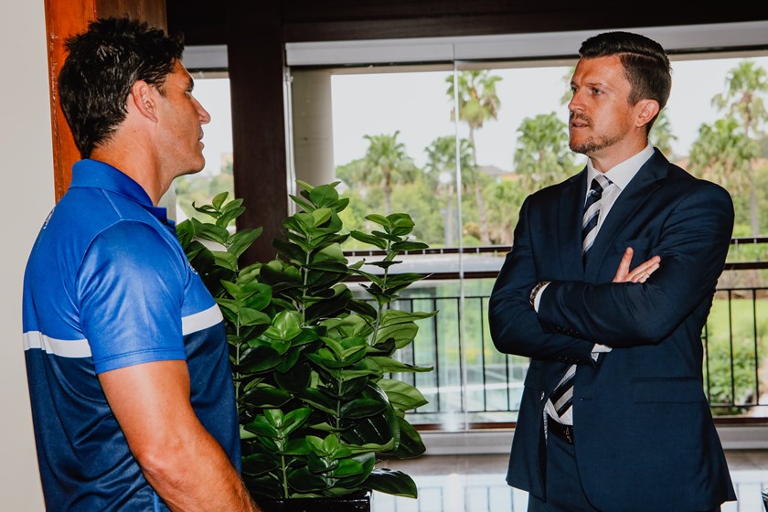 CEO Aaron Warburton chats with Head Coach Trent Barrett.
