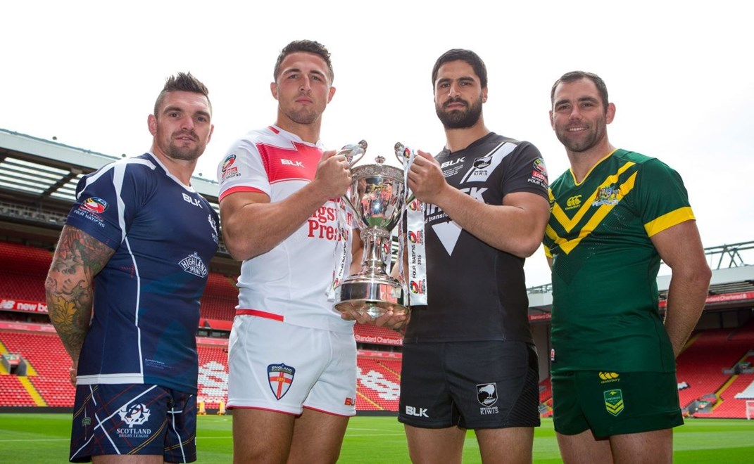 Picture by Alex Whitehead/SWpix.com - 24/10/16 - Rugby League - 2016 Ladbrokes Four Nations Launch - Anfield, Liverpool, England - (from left) Scotland captain Danny Brough, England captain Sam Burgess, New Zealand captain Jesse Bromwich and Australia captain Cameron Smith pictured with the Ladbrokes Four Nations trophy at the competition launch at Anfield.