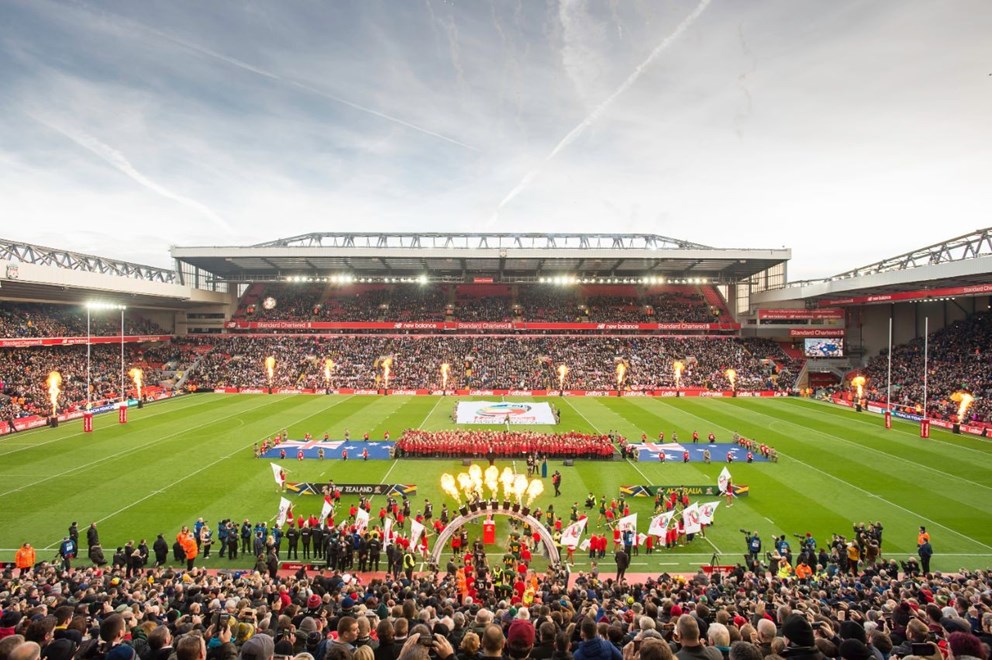 Picture by Allan McKenzie/SWpix.com - 20/11/2016 - Rugby League - 2016 Ladbrokes Four Nations Final - Australia v New Zealand - Anfield, Liverpool, England - A general view of New Zealand & Australia coming out at Anfield for the Ladbrokes 4 Nations Final.