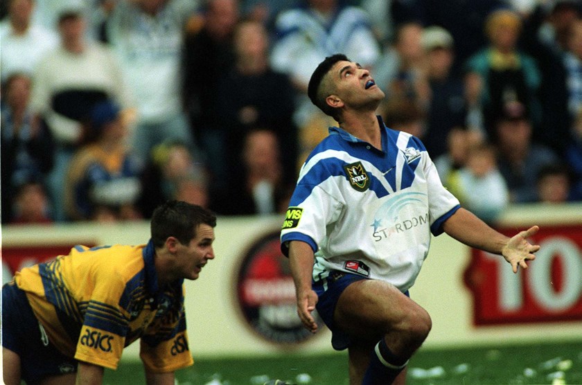Rod Silva celebrates scoring a try in the 1998 preliminary final against the Parramatta Eels.