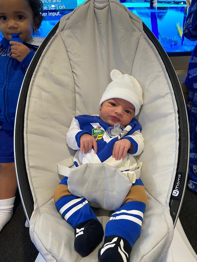 Will Hopoate's new born baby girl, Leiana dressed in her Bulldogs gear.