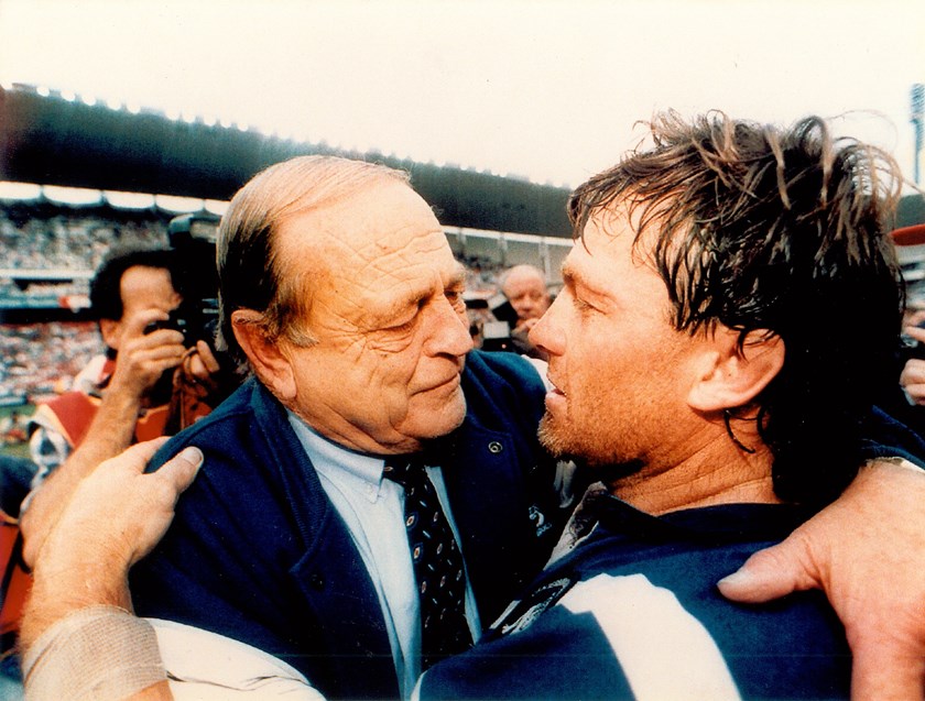 Terry Lamb and Peter Moore following the 1995 Grand Final.