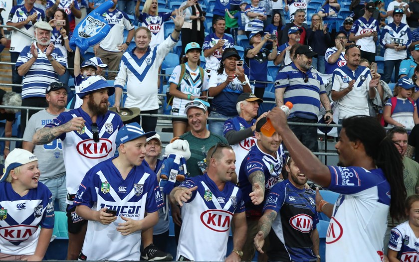 Jayden Okunbor thanks the Bulldogs supporters after he scores a double in 2019 on the Gold Coast.