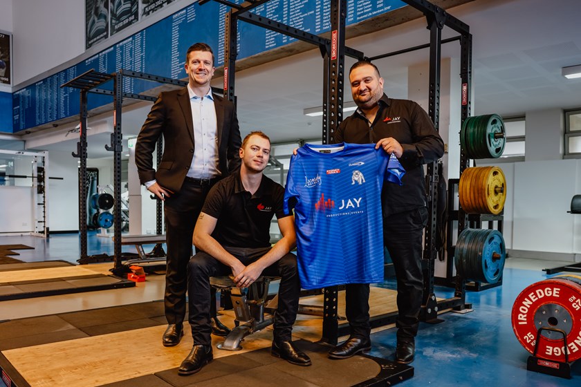 Jay Productions & Events Director, Jason Ghazal and General Manager, Phillip Dearle meet with Bulldogs CEO, Aaron Warburton at Belmore Sports Ground to review the Club's 2023 official training apparel.