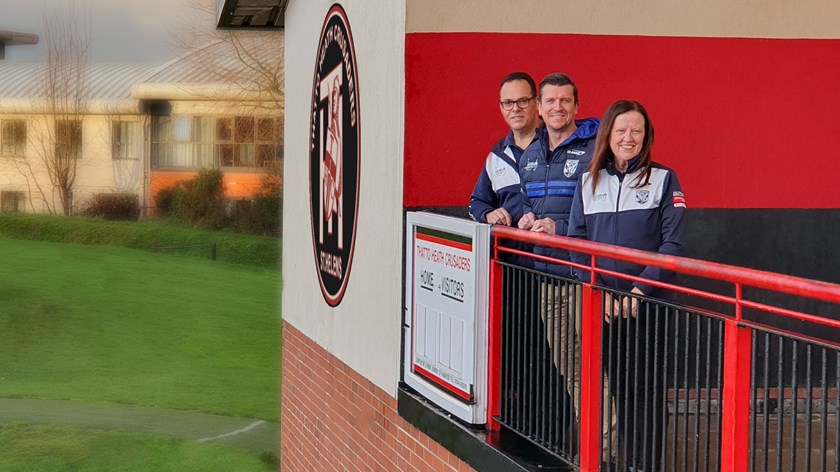 Bulldogs Chairman John Khoury, CEO Aaron Warburton and General Manager of Stakeholder Engagement Diane Langmack visit James Graham's junior club in the UK.
Image courtesy of Thatto Heath Crusaders.