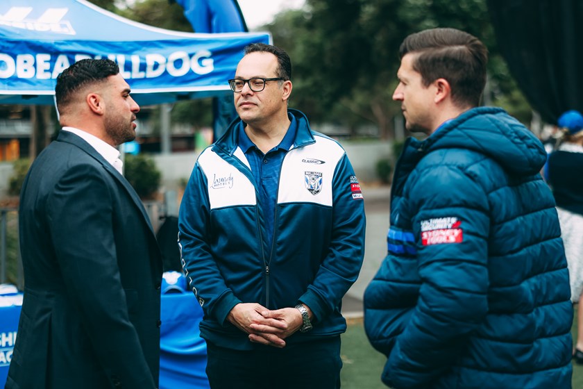 Young Academics Group Managing Director James Kazzi, Bulldogs Chair John Khoury and Bulldogs Chief Executive Aaron Warburton in attendance at the club's recent Members Christmas Party held at Accor Stadium, Sydney Olympic Park.