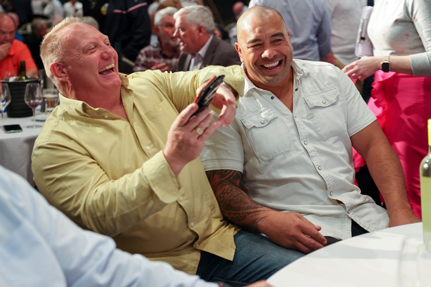 Bulldogs legend Jim Dymock enjoys a laugh at the Ambassadors Luncheon held at Bankstown Sports Club.