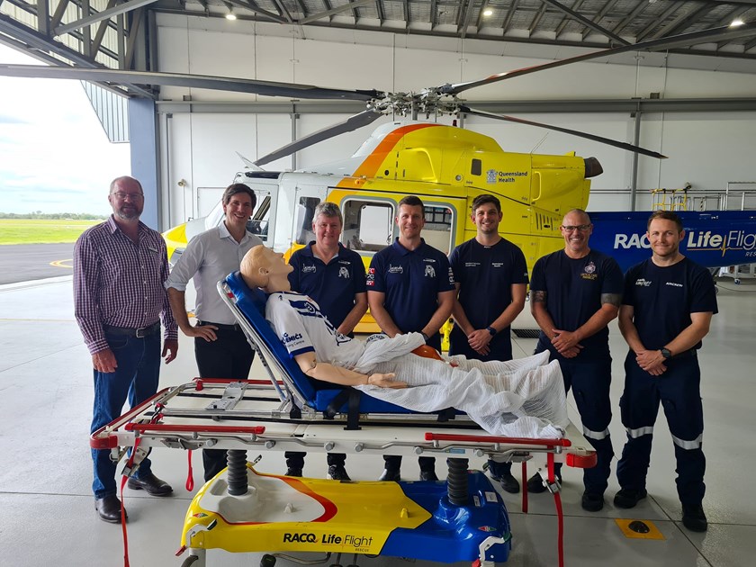 Bulldogs CEO Aaron Warburton and Director Andrew Gifford with Bundaberg local MP Tom Smith and RACQ LifeFlight Rescue Chopper crew