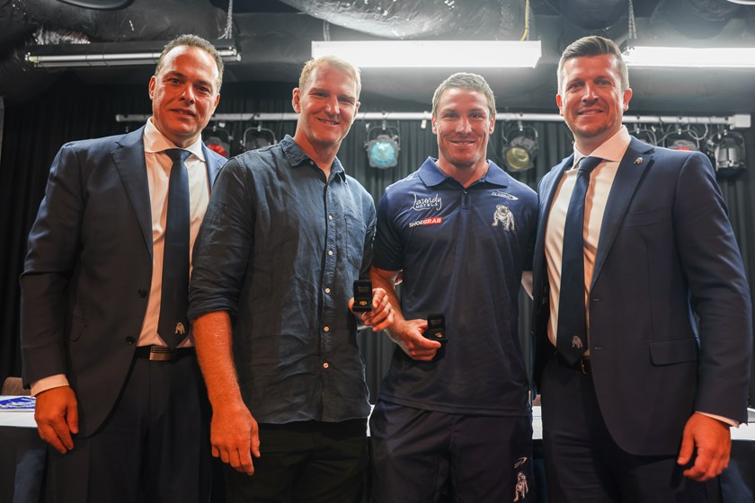 L-R: Bulldogs Chairman John Khoury, Life Members Aiden Tolman and Josh Jackson, and CEO Aaron Warburton.