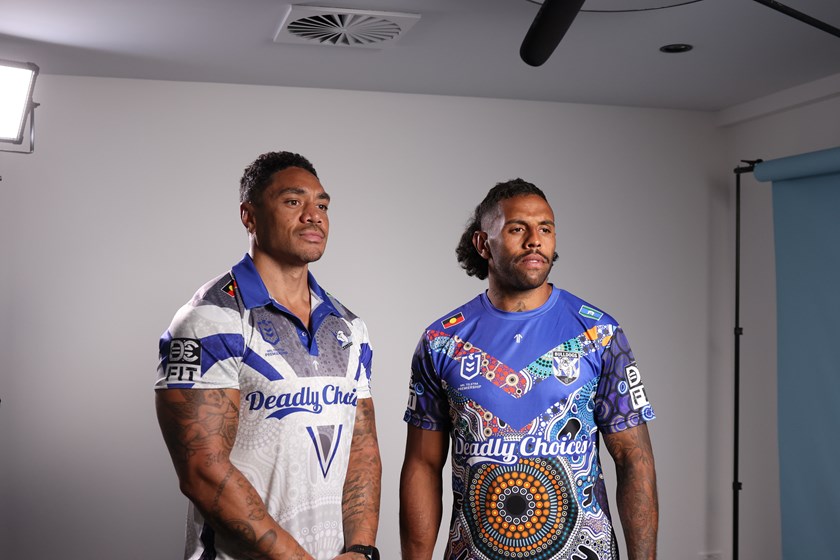 Willie Tonga and Josh Addo-Carr wear limited edition Bulldogs Deadly Choices shirts
