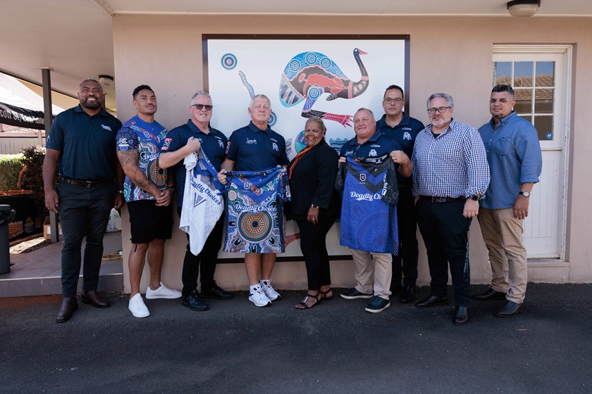 Bulldogs unveil the Deadly Choices health check shirt varieties at Toowoomba’s Goolburri Aboriginal Health Advancement Company Limited.