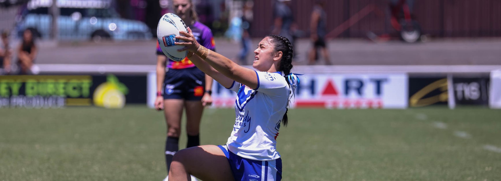 Tatiana Finau lines up a kick for the Canterbury-Bankstown Bulldogs.
