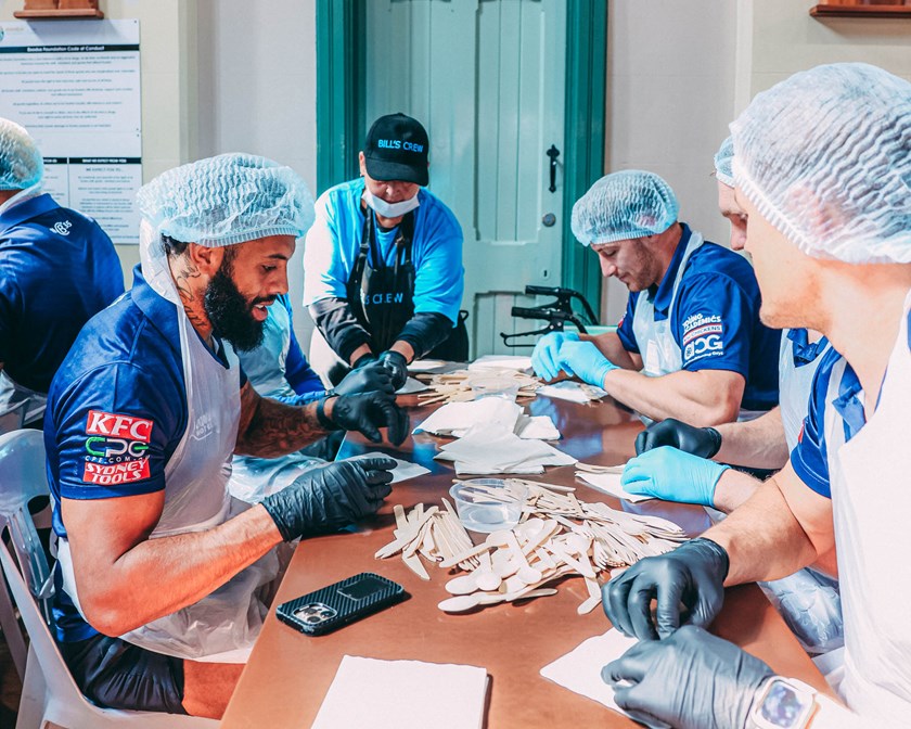 The full squad were on deck today, handing out food, mopping, sweeping, preparing meals and cutlery packs, cleaning cool rooms and shelves, and packing food hampers at the Loaves and Fishes Restaurant.