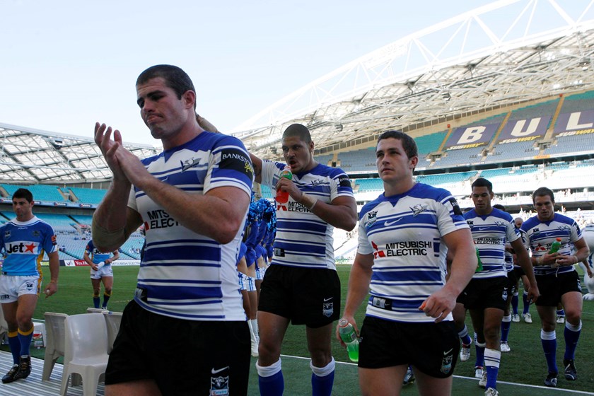 On the Board: Captain Andrew Ryan and teammates thank the Bulldogs Members and supporters following their victory. 