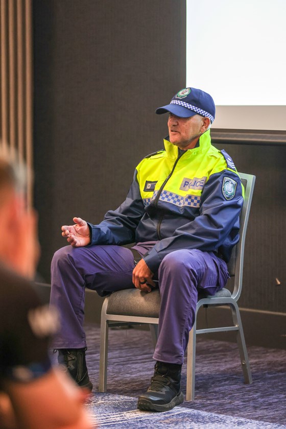 Important Address: Former Bulldog and police sargeant Rod Silva addresses the NRL squad, coaches and staff ahead of the 2025 Indigenous Round. 