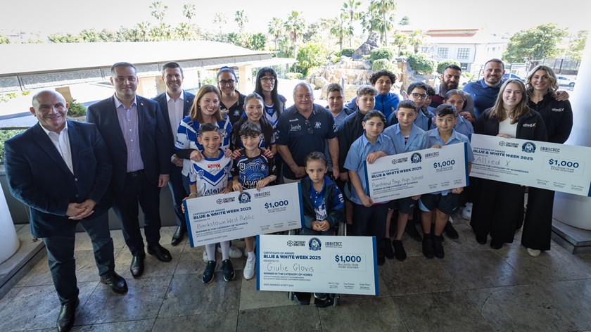 Winners Are Grinners!: In what was another great community initiative, the Blue & White Week winners gathered with Club officials including legends Josh Reynolds and Terry Lamb at the Canterbury League Club. 