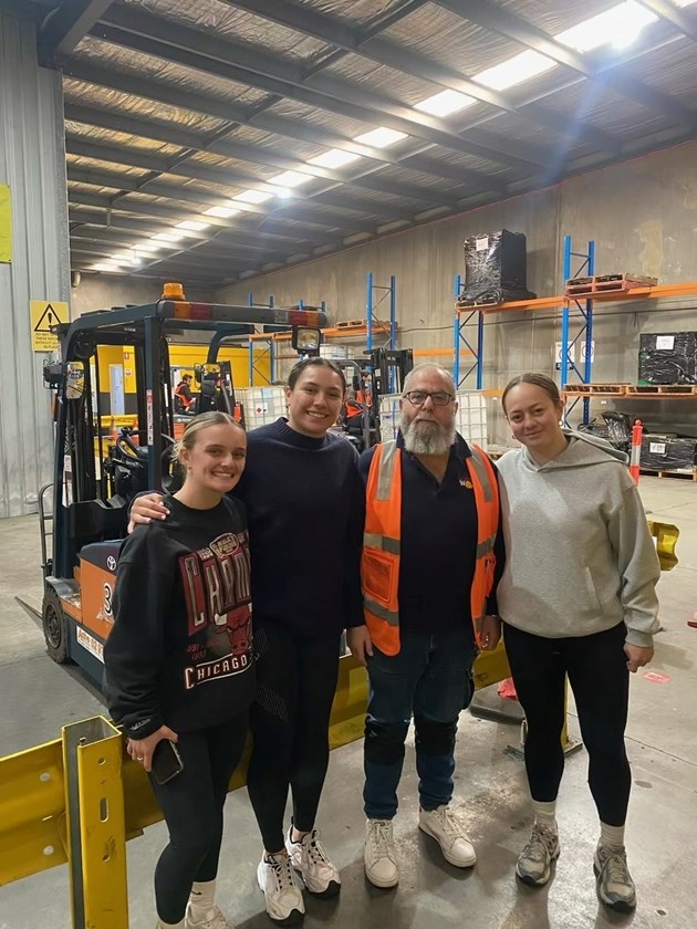 Bulldogs trio (L-R) Ebony Prior, Shaniece Monschau and Shannon Muru have all become forklift certified in one of a number of tertiary initiatives the NRL squad have undergone in 2025. 
