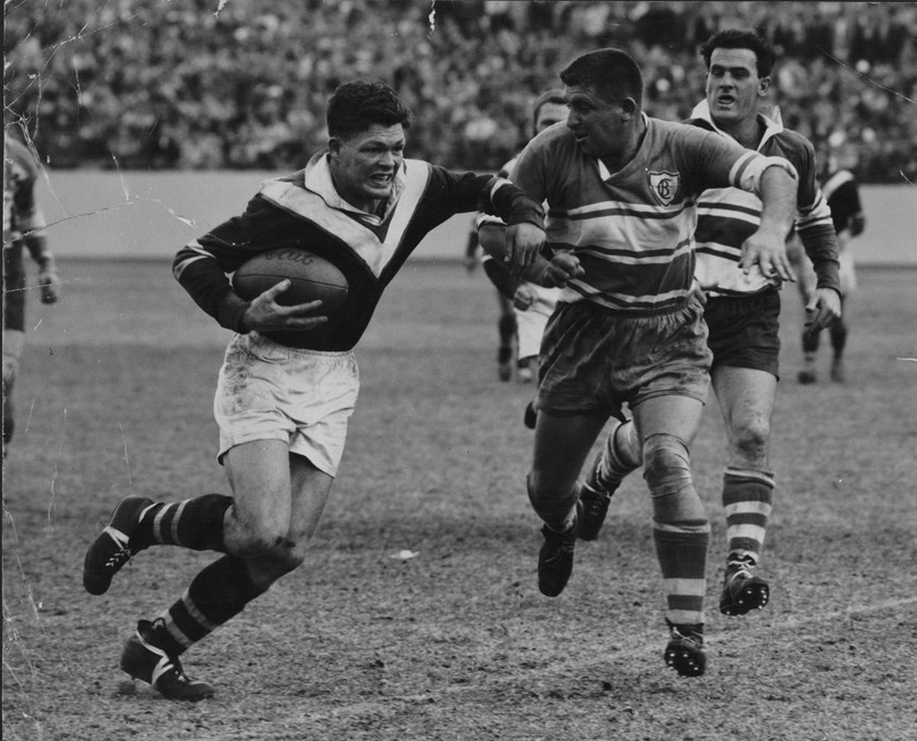 Prized Forward: Fred Anderson looks to tackle an Eastern Suburbs opponent. The stocky hooker proved to be a shining light during a beak period for the Club, playing 197 first-grade games between 1952-1963.